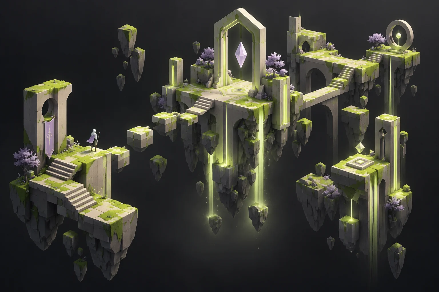 An imaginary game level with floating platforms and an archway